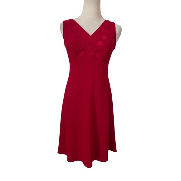 Vtg 90s Petite Sophisticate Red Sleeveless Red Dress Embroidered Floral Sz 2 - Picture 1 of 7